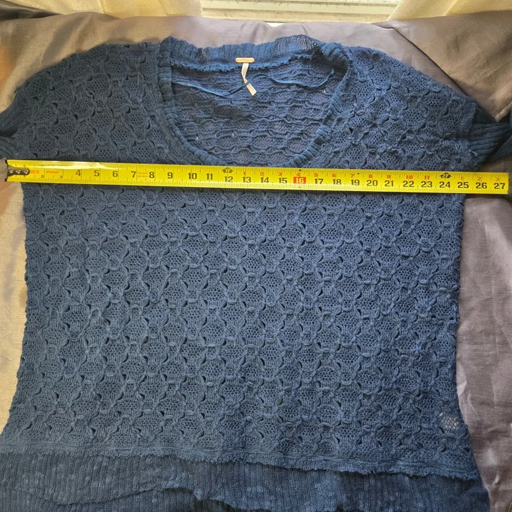 Free People‎ Navy Blue Lace Knit Sweater Crochet Boho Festival Long Sleeve